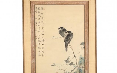 A Chinese Hand Colored Print of Two Black Ravens