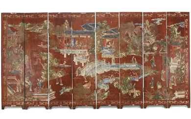 A Chinese eight section carved lacquer screen Qing dynasty, 18th century Carved...