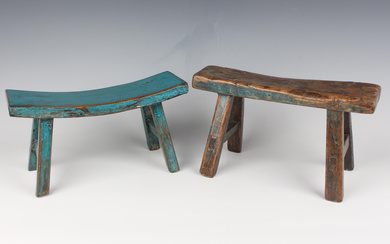 A Chinese elm headrest, early 20th century, the slightly curved rectangular top on block legs united