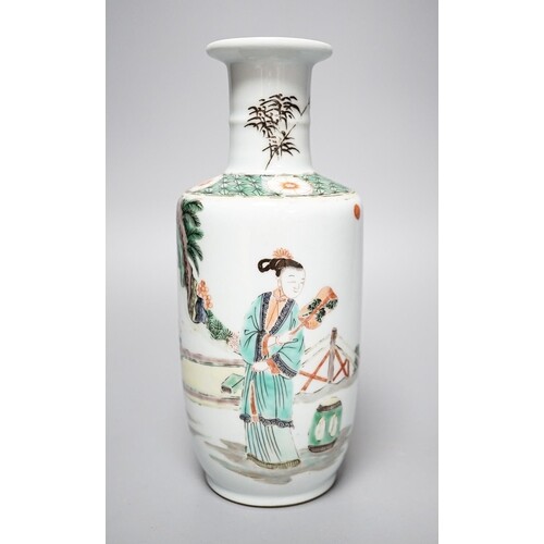 A Chinese famille verte rouleau vase, painted with figures ...