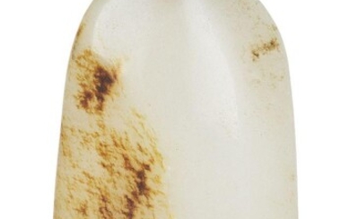 A Chinese pale green and russet jade 'pebble' snuff bottle, 18th/19th century, of irregular form with hardstone stopper, 8cm high, on fitted wood stand