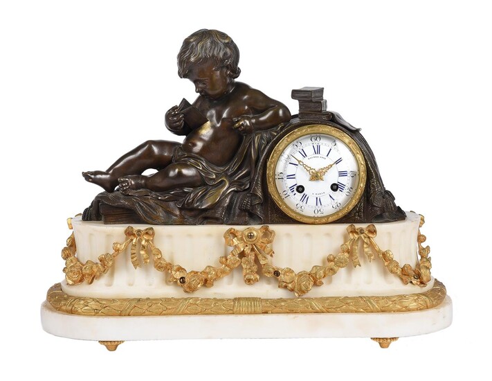A FRENCH NAPOLEON III PATINATED BRONZE AND ORMOLU MOUNTED WHITE MARBLE FIGURAL MANTEL CLOCK
