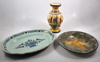 A Faience circular dish, rectangular plate, decorated vase.