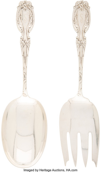 A Frank Whiting Silver Cattails Pattern Salad Serving Set (introduced circa)