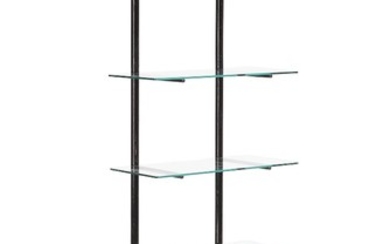 A French blackpainted metal and brass rack with glass shelves. Circa 1900. H. 182. W. 60. D. 30 cm.