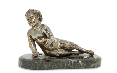 A French bronze model of a reclining satyr, late 19th century, on an associated green marble base, 23cm wide
