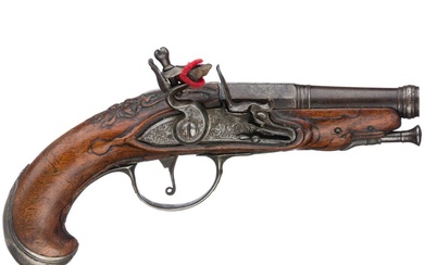 A French silver-mounted traveller's pistol, circa 1760 Canon à canon canonique de calibre 10 mm,...