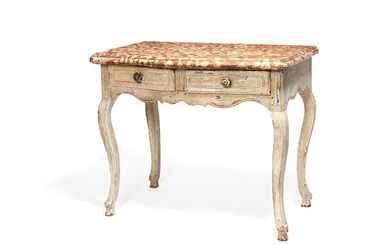 A French white painted and marble topped side table