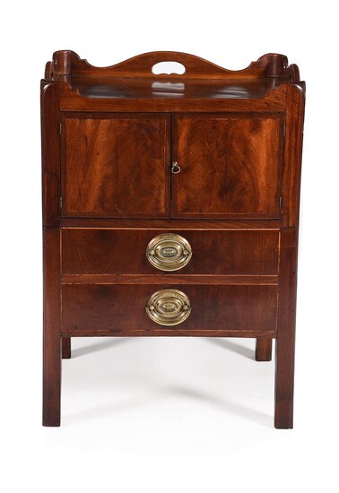 A GEORGE III MAHOGANY AND LINE INLAID BEDSIDE CUPBOARD OR NIGHT COMMODE, CIRCA 1780