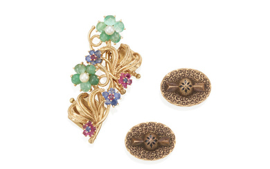 A GOLD AND GEM-SET CLASP WITH A PAIR OF GOLD...