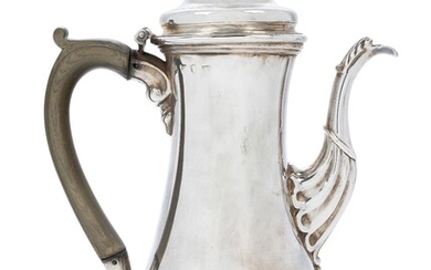 A George II silver coffee pot, London, 1757, probably Thomas Whipham & Charles Wright, of elongated baluster form with hinged cover and foliate tipped spout, approx. 25cm high, approx. weight 25.5oz Provenance: Works of Art from the Schroder...