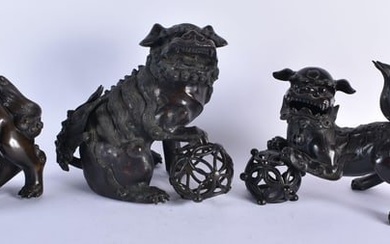 A LARGE 17TH CENTURY CHINESE BRONZE FIGURE OF A BUDDHISTIC LION King, together with two other bronze