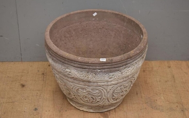 A LARGE AUSTRALIAN CONCRETE GARDEN POT WITH PATTERN TO OUTSIDE (40H x 51D CM) (PLEASE NOTE THIS HEAVY ITEM MUST BE REMOVED BY CARRIE...