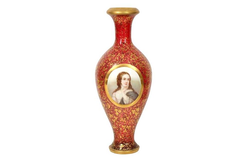A LARGE GILT RUBY RED GLASS VASE WITH A MINIATURE PORTRAIT ROUNDEL Possibly Bohemia, Czech Republic, late 19th - 20th century