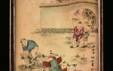 A LATE QING DYNASTY PAINTED STONE PLAQUE, "Seven Sons