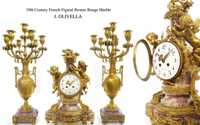 A Large 19th C. French J. Olivella Bronze Rouge Marble Figural Clock set
