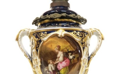 A Large 19th C. Sevres Style Hand Painted Vase/Lamp