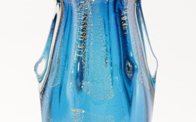 A Large Blue Art Glass Vase Decorated with Gold Flakes (H 32cm, Small Chip to Base)