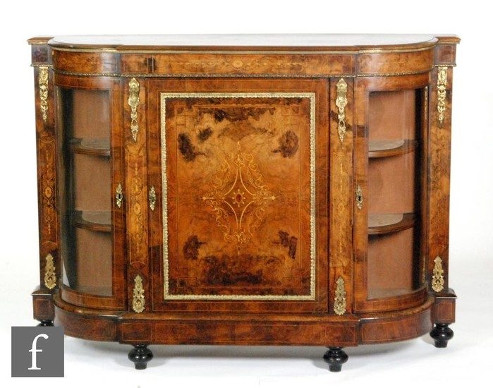 A Louis XIV style inlaid burr walnut credenza, the central p...