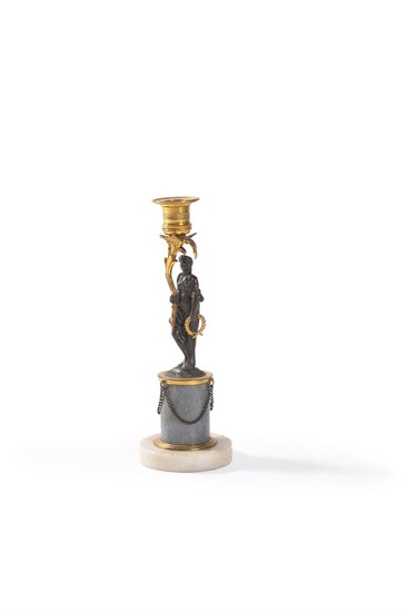 A Louis XVI gilt and patinated bronze and marble mounted figural candleholder