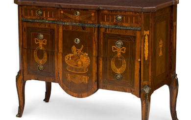 A Louis XV/XVI transitional style marquetry inlaid mahogany commode possibly Swedish 19th century