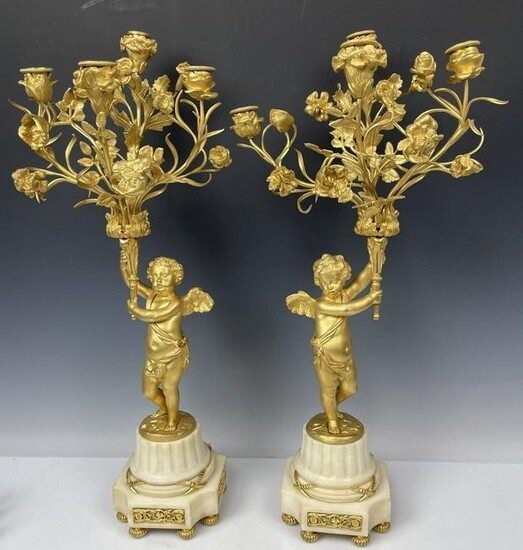 A MAGNIFICENT PAIR OF DORE BRONZE & MARBLE CANDELABRA