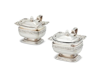 A MATCHED PAIR OF LATE GEORGE III SILVER OBLONG PEDESTAL MUSTARD POTS BY PAUL STORR