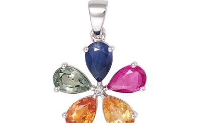 A MULTICOLOUR SAPPHIRE AND DIAMOND FLOWER PENDANT set with a round cut diamond in a cluster of pear
