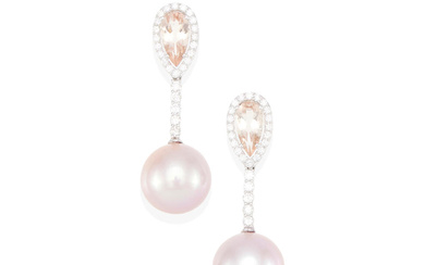 A PAIR OF 18K WHITE GOLD, COLORED CULTURED PEARL, MORGANITE...
