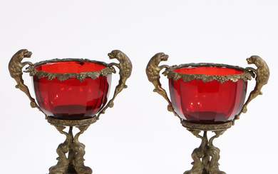 A PAIR OF 19TH CENTURY BOHEMIAN RUBY GLASS AND GILT METAL TWIN HANDLED VASES (2).