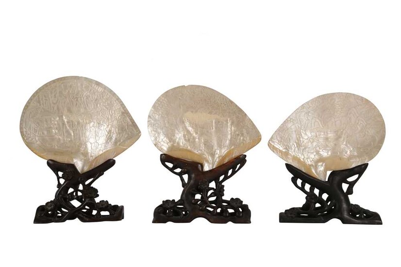 A PAIR OF 19TH CENTURY CHINESE PEARL SHELL CARVINGS, QING DYNASTY, TOGETHER WITH ANOTHER
