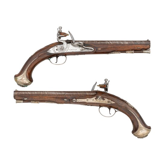 A PAIR OF 28 BORE IRISH SILVER-MOUNTED FLINTLOCK HOLSTER PISTOLS BY LEWIS ALLEY