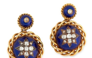 A PAIR OF ANTIQUE DIAMOND AND ENAMEL DROP EARRINGS