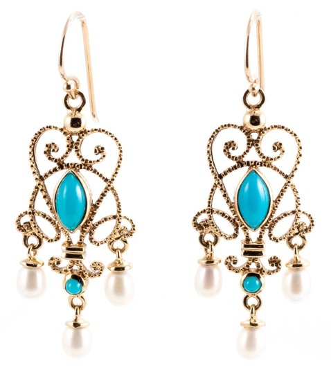 A PAIR OF CANNETILLE STYLE TURQUOISE AND PEARL EARRINGS; 9ct gold wire work drops set with cabochon turquoise and pearls on shepherd...