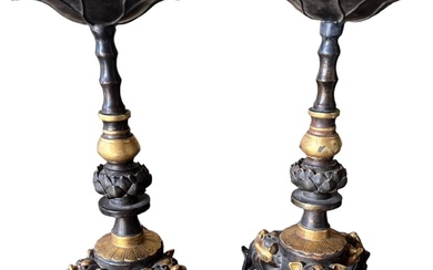 A PAIR OF CHINESE GILT BRONZE TABLE PRICKET STANDS...