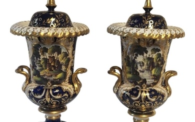 A PAIR OF FINE EARLY ENGLISH CAMPANA SHAPED PEDESTAL VASES A...
