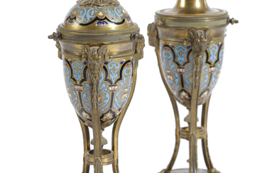 A PAIR OF FRENCH GILT BRONZE AND CHAMPLEVE...