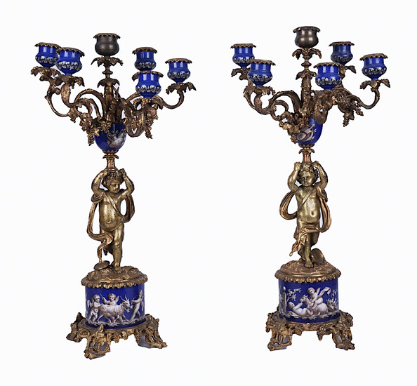 A PAIR OF FRENCH GILT-METAL AND SEVRES-STYLE PORCELAIN SIX-LIGHT CANDELABRA