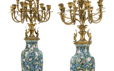 A PAIR OF FRENCH ORMOLU-MOUNTED CLOISONNE ENAMEL AND ROUGE GRIOTTE...