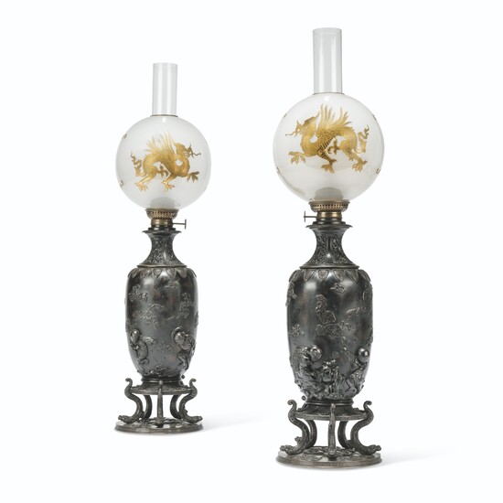 A PAIR OF JAPANESE BRONZE LARGE VASES LATER MOUNTED AS LAMPS