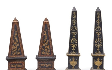 A PAIR OF JAPANNED TOLE OBELISKS TOGETHER WITH A PAIR OF PENWORK OBELISKS, 19TH CENTURY