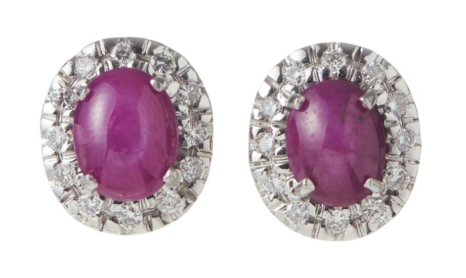 A PAIR OF STAR RUBY AND DIAMOND EARRINGS