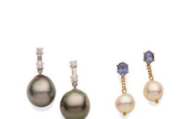 A PAIR OF TAHITIAN PEARL AND DIAMOND EARRINGS, TOGETHER WITH A PAIR OF GEMSET EARRINGS