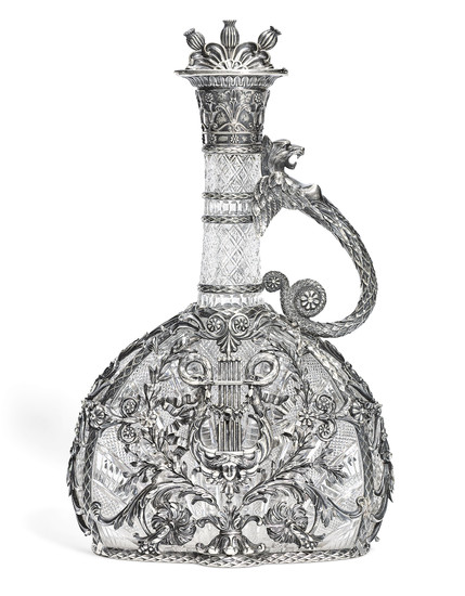 A PARCEL-GILT SILVER-MOUNTED CUT-GLASS DECANTER, MARKED BOLIN, WITH THE WORKMASTER'S MARK OF KONSTANTIN LINKE, MOSCOW, CIRCA 1890
