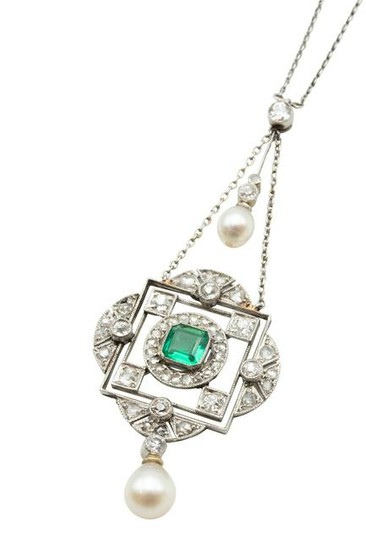 A PEARL, EMERALD AND DIAMOND PENDANT NECKLACE The