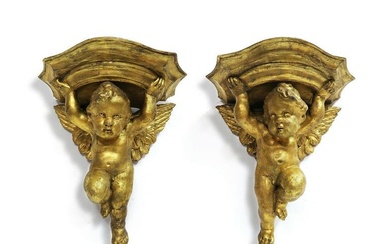 A Pair of 19th C. Italian Gilt Wood Figural Sconces
