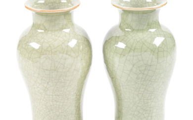 A Pair of Chinese Pale Celadon Crackle Glazed Porcelain Vases