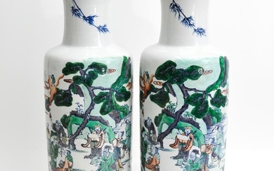 A Pair of Famille Verte Rouleau Vases