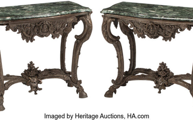 A Pair of Italian Silvered Consoles with Green Marble Tops and Hoof Feet (19th century)