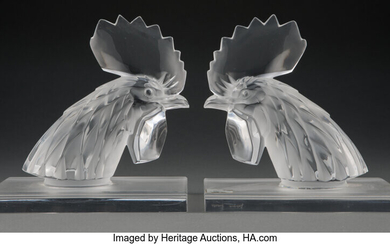 A Pair of Lalique Clear and Frosted Glass Tete de Coq Bookends (post-1945)